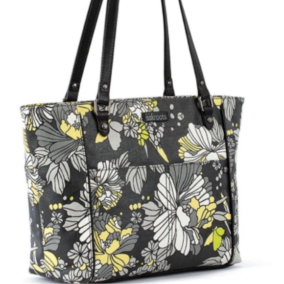 Sakroots Gray Yellow Flower Blossom Metro Tote Travel Bag Vacay Butterfly Charm - Picture 1 of 9